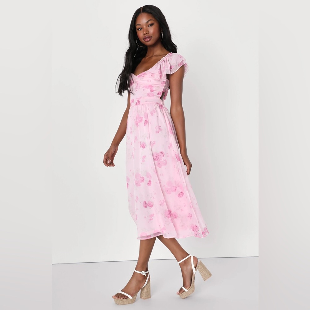 NWT Loveliest Darling Light Pink Floral Ruffled Tie-Back Midi Dress Lulus